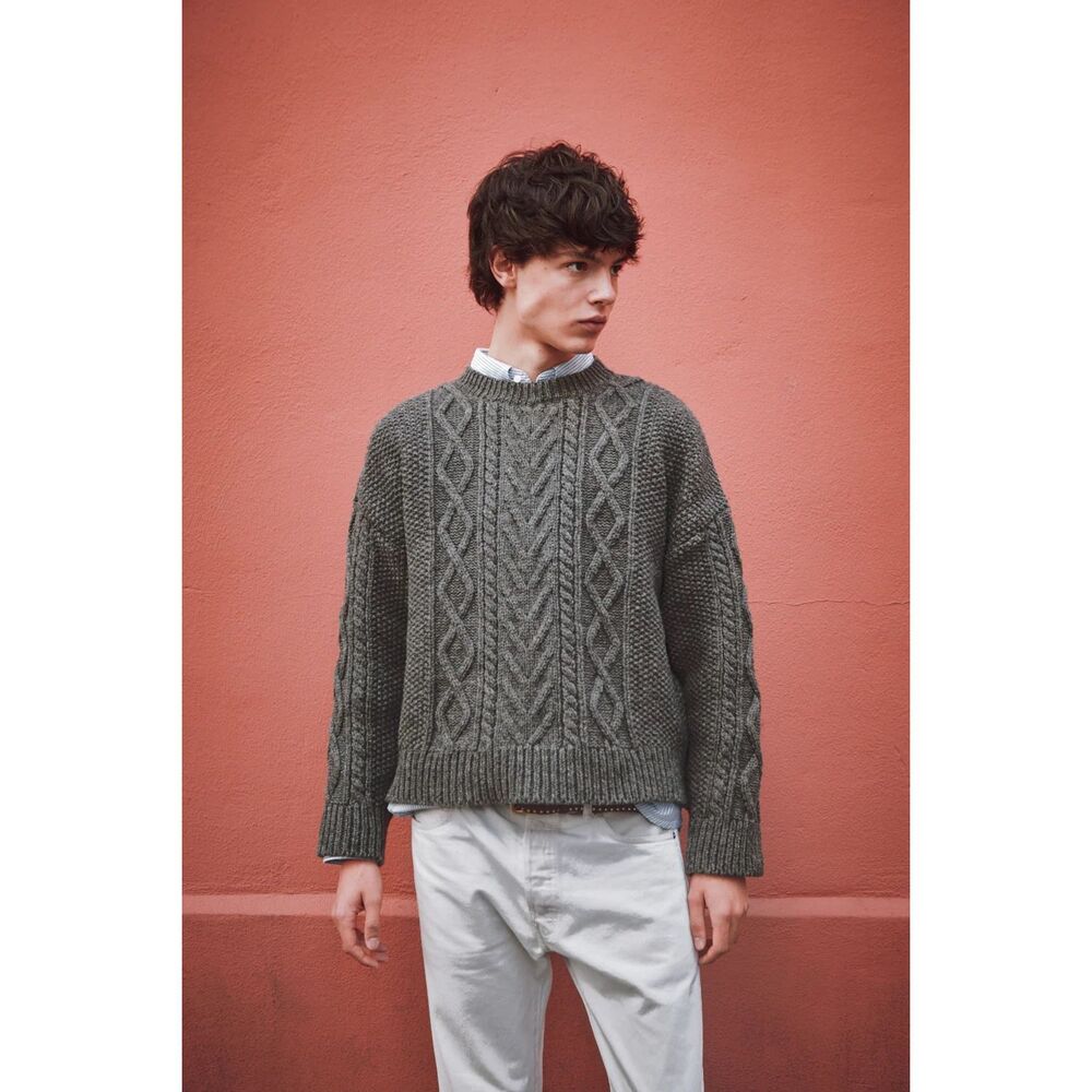 Vintage J. Crew Oarsman Cable Knit Aran Wool Sweater Green Large
